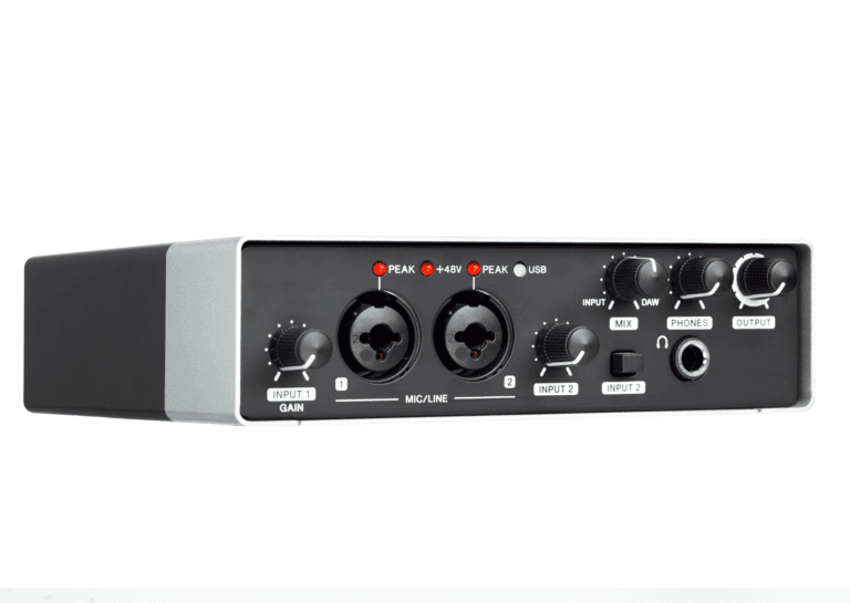 Back view of an audio interface featuring buttons and labels such as 'PEAK,' '+48V,' 'USB INPUT 1,' and 'Gain MIC/LINE INPUT 2,' displayed against a white background.