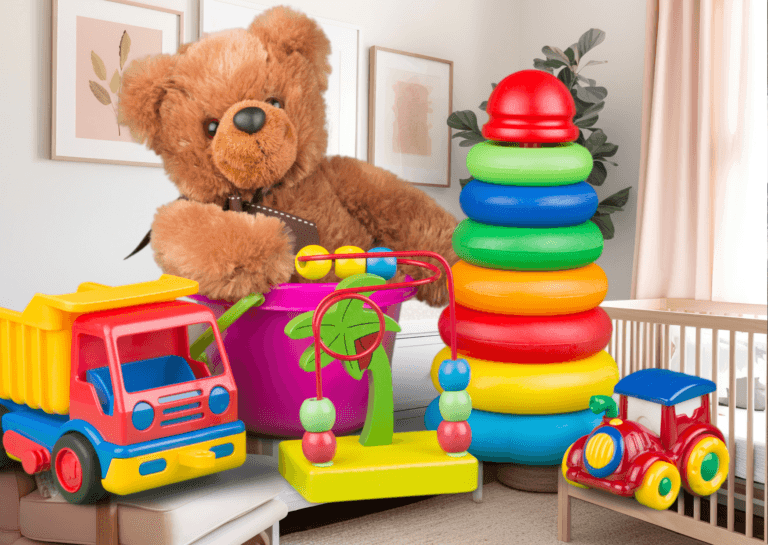 A selection of baby toys including a plush teddy bear, a toy truck, a stack of rings in various sizes arranged in a pyramid shape, and a baby tractor. The colorful assortment creates a cheerful and playful atmosphere for infants.