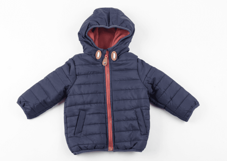 Blue baby jacket with a red interior, featuring a matching hat that has a horizontally patterned lining, perfect for stylish warmth.