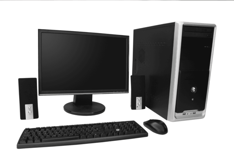 Black desktop computer setup including an off monitor, keyboard, mouse, and two speakers, all on a white background.