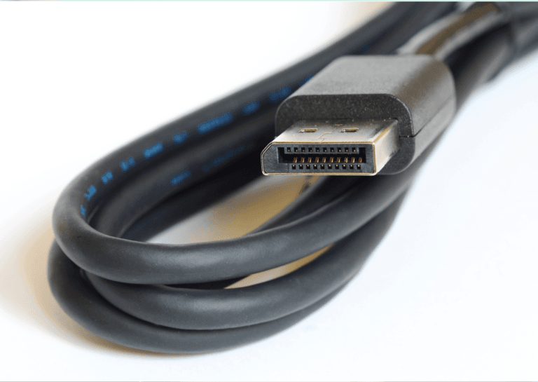 Close-up of a DisplayPort cable with clear connectors, set against a white background, highlighting its detailed design and quality.