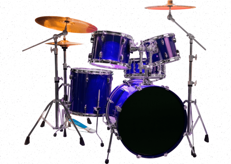 Blue drum set on a white background, showcasing a sleek design with cymbals and drums arranged for a clean, modern music setup.