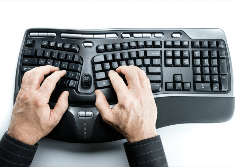 Ergonomic black keyboard being used by two male hands on a white background, emphasizing comfort and functionality.