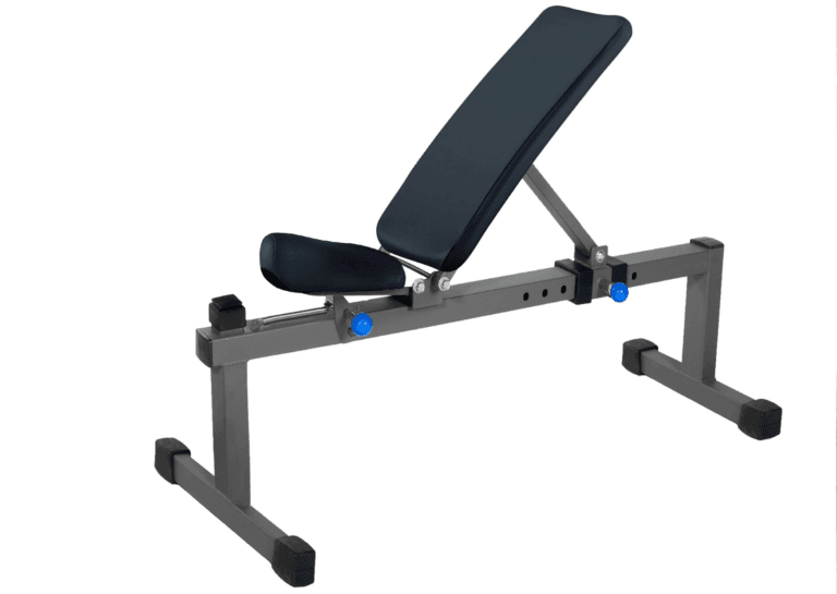 Exercise bench on a white background positioned at an incline for reclining, ideal for strength and core workouts.