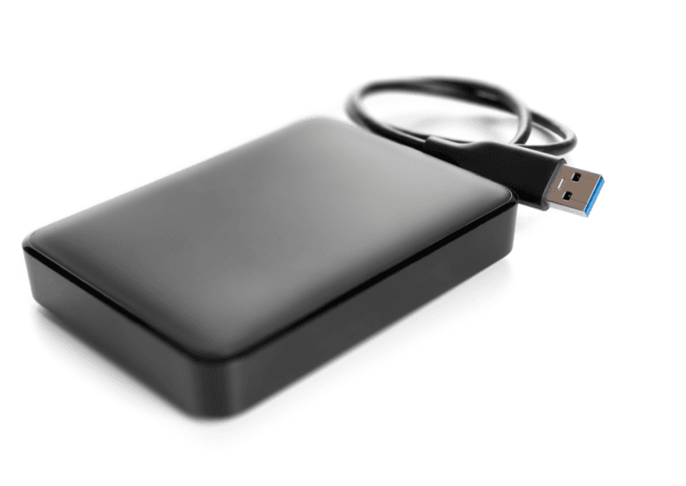 External storage device with a cable, set against a white background.