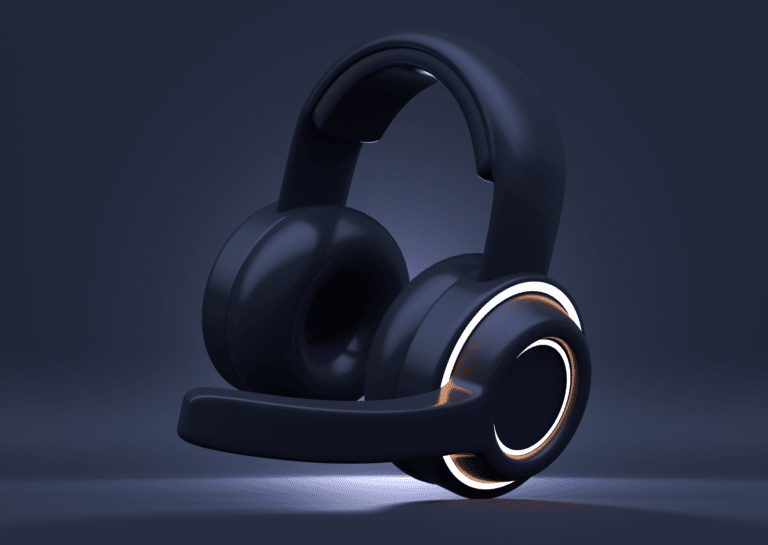 Black headphones appearing to float in the air, with the exterior of one earbud illuminated, set against a black background.