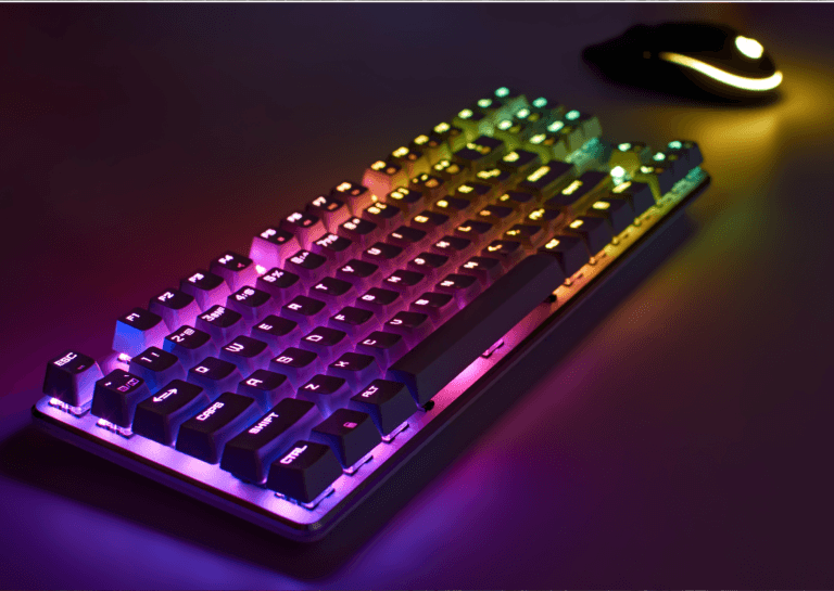 Illuminated gaming keyboard with a gradient of purple and other colors, angled on a dark surface, showcasing its vibrant lighting.