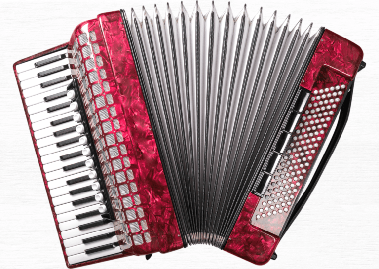 A harmonica with white keys fully opened, beautifully adorned in red against a light background.