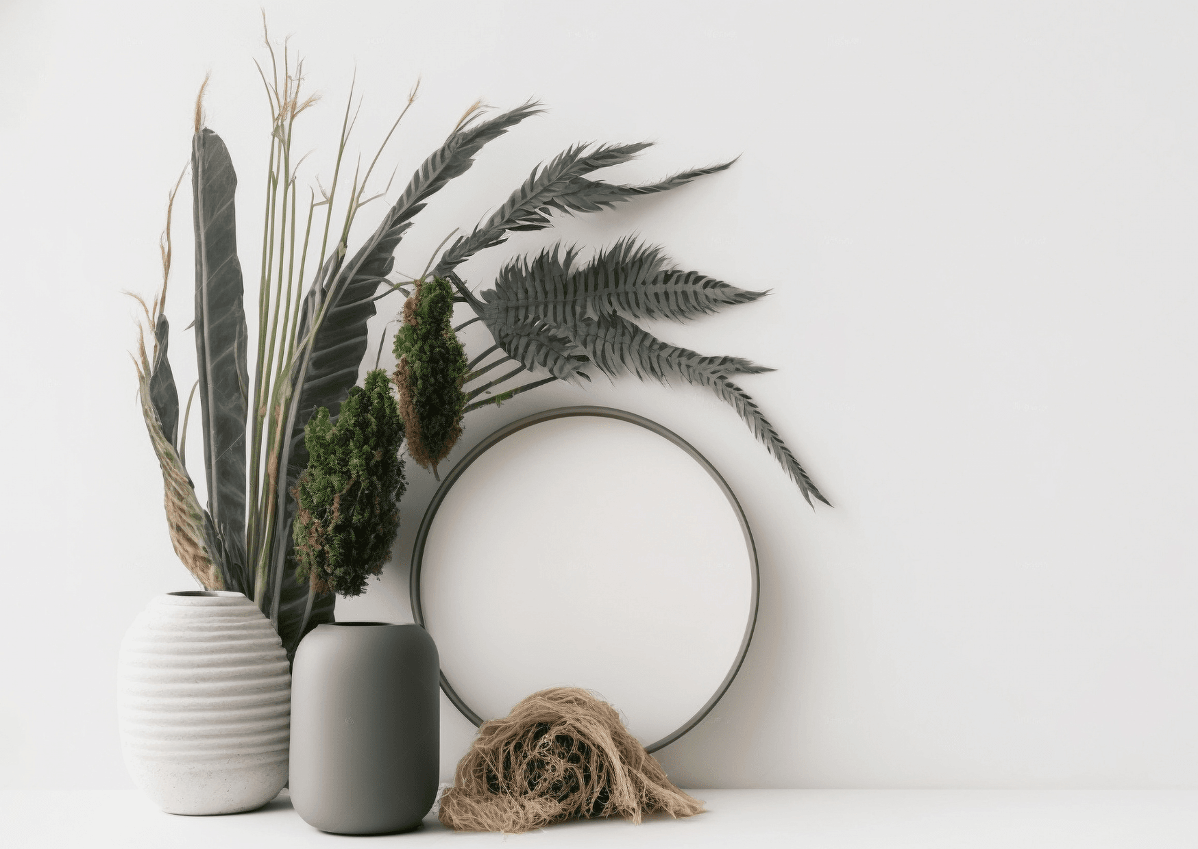 Home decor arrangement with three small vases holding faux flower stems, positioned next to a round mirror against a white wall.