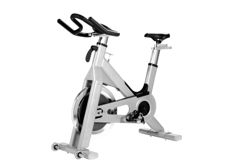 White indoor cycling bike photographed from the front left, set against a white background, showcasing its sleek design as typically presented for new cycling bikes.