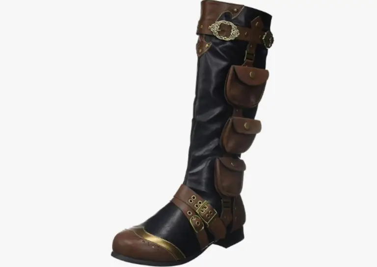 Knee-high black and brown boots for men featuring gold buckles, emphasizing a fashionable look.