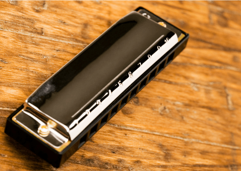 Black harmonica with shiny elements elegantly displayed on a wooden surface.