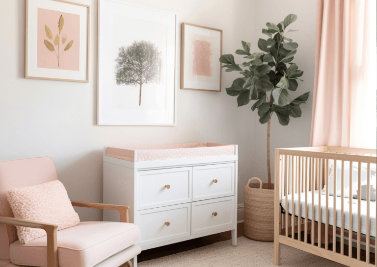 A beautifully arranged baby room featuring light colors like white and soft pink. A tall plant in a basket is placed in the corner, complemented by a dresser with three paintings on the wall. The room includes a cozy chair, a baby crib, and a changing table, creating a serene and inviting space for the little one.