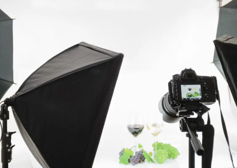 Filming camera capturing two glasses of wine (one red and one white) with dark grapes, accompanied by camera lighting on both sides.