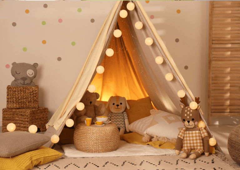 Cozy playhouse tent in a toddler's room with light brown tones, featuring glowing balls along the edges and colorful dots on the wall.