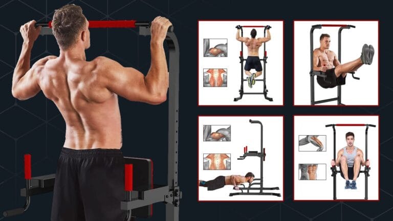 Series of images showing a shirtless man performing various exercises on a power tower, demonstrating strength and fitness in a gym setting.