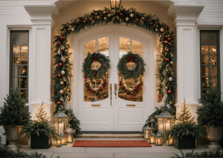 Two large front doors of a villa adorned with festive Christmas decorations.