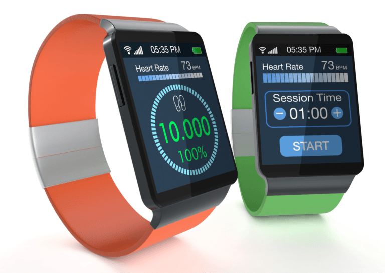 Close-up of two smartwatches, with an orange one on the left displaying 'Heart Rate 73 bpm' and '10,000 Steps 100%', and a light green one on the right showing 'Heart Rate 73 bpm' and 'Session Time 01:00' with a start button visible.