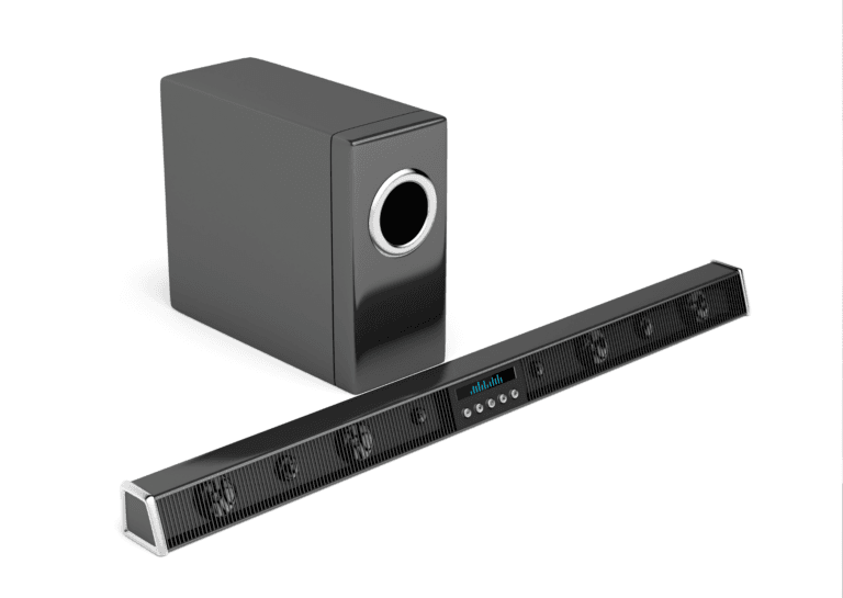 Black soundbar and subwoofer displayed against a white background.