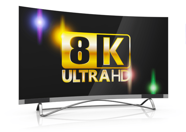 Curved Ultra HD monitor featuring "8K ULTRA HD" in bold gold letters on the screen.