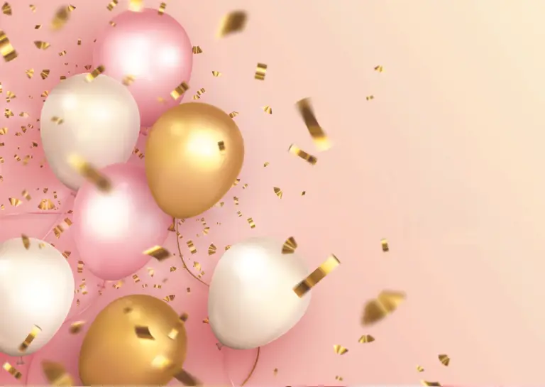 Seven gold, white, and pink balloons against a pink background with floating gold confetti.