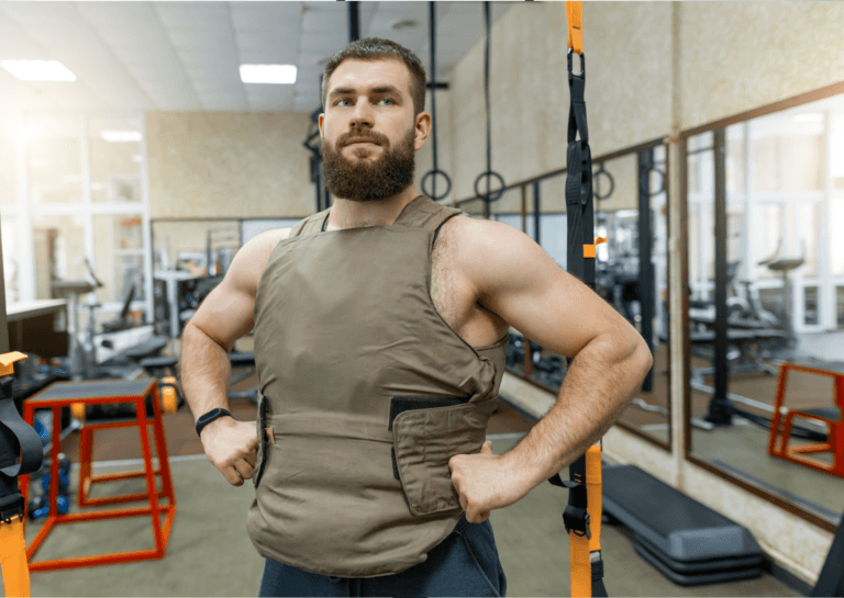 Bearded man wearing a weighted vest stands confidently in a gym with hands on hips, showcasing strength and focus in a fitness setting.