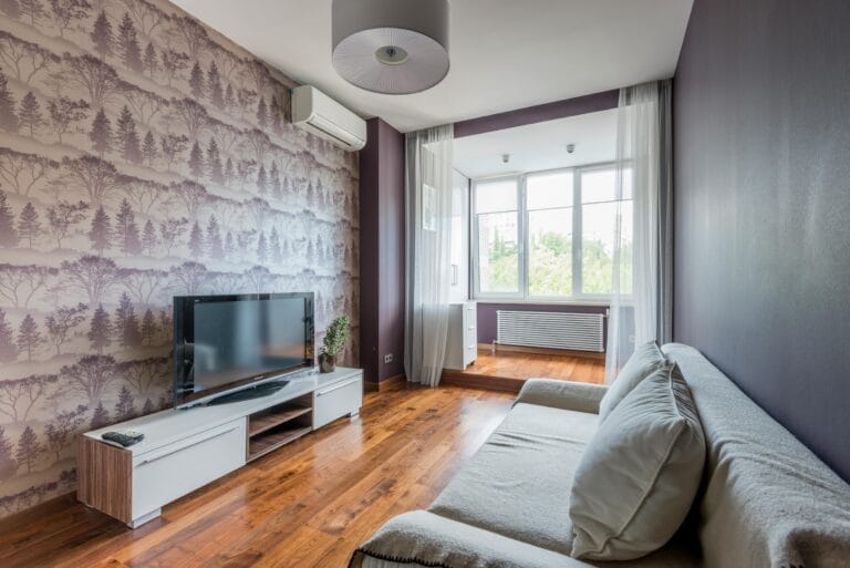 Narrow living room featuring a TV stand, television, and a sofa, with a front window visible.